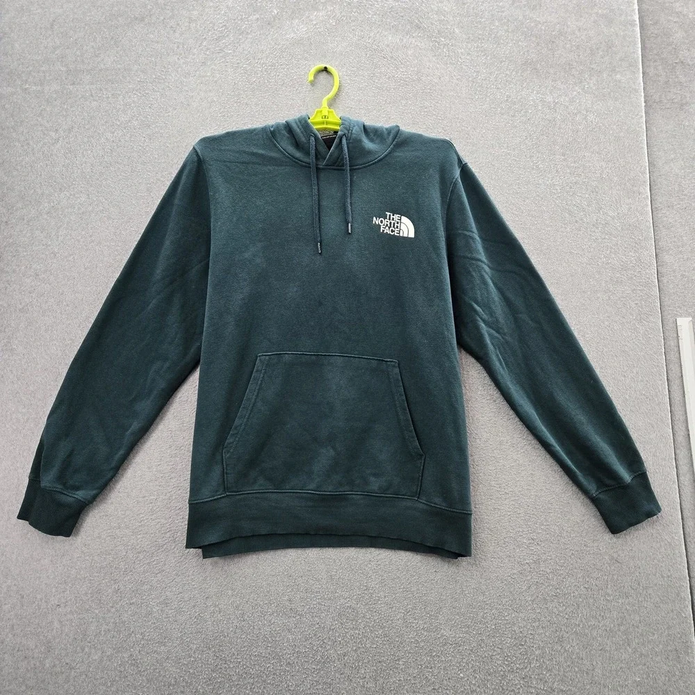 The North Face Men Hoodie L Teal Graphic Fleece Logo Plaid Activewear Long